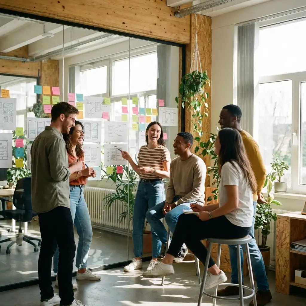 Modern tech team collaborating in an open office space